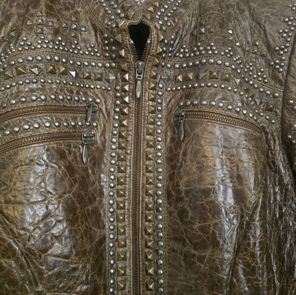 Double D Ranch Olive Studded Biker Leather Jacket Exc. Condition! Unique! Medium - Picture 4 of 7